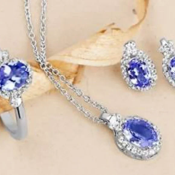 2.02 Carat Genuine Tanzanite and White Diamond 14K White Gold Ring, Pendant & Ea